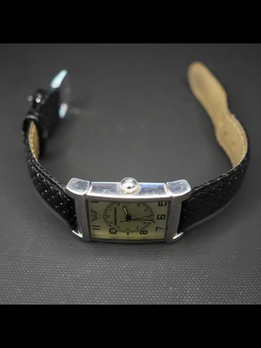 Emporio Armani AR-0211 Men's Tank Silver Dial Quartz Watch Black Leather